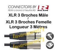 Câble XLR 3 BROCHES MALE 3 BROCHES FEMELLE Marque REAN by Neutrik Long 3 Métres