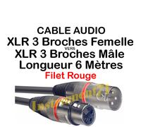 Câble XLR Mâle vers XLR Femelle 3 Broches Fiche avec Repérage Rouge Long 6 Métre