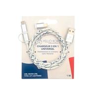 Câble Yello koko 3 en 1 Kami YKCBLKAMIMULTI1M1CW USB-A USB-C Micro USB et Lightning 1 m Blanc et Bleu