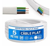 Câbles NYM 3 x 1,5 mm² YDYp - Câble électrique 3 pôles, câble plat 5 m, 10×5 mm, passage pour fenêtre, câble pour pièces humides, conducteurs en cuivre massif, 300/500 V