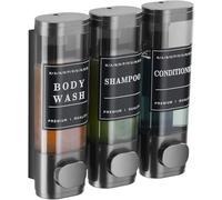 Cabo Deseado Distributeur de savon mural sans perçage pour douche - Distributeur de shampooing et d'après-shampoing mural pour salle de bain ou hôtel - 3 x 300 ml - Gris foncé avec étiquettes