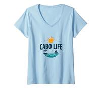 Cabo Life : Tropical Beach Vacation Sunset Logo T-Shirt avec Col en V, Femme, Bleu Céleste, S