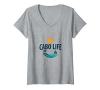 Cabo Life : Tropical Beach Vacation Sunset Logo T-Shirt avec Col en V, Femme, Gris Chiné, M