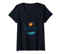 Cabo Life : Tropical Beach Vacation Sunset Logo T-Shirt avec Col en V, Femme, Noir, S