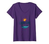 Cabo Life : Tropical Beach Vacation Sunset Logo T-Shirt avec Col en V, Femme, Violet, M