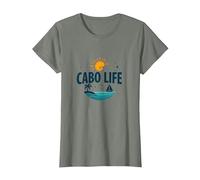 Cabo Life : Tropical Beach Vacation Sunset Logo T-Shirt, Femme, Vert Kaki chiné, S