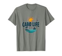 Cabo Life : Tropical Beach Vacation Sunset Logo T-Shirt, Homme, Vert Kaki chiné, M