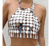 CABODYALS 1 Haut de Bikini à Paillettes Argentées pour L'Été Tenue de Plage Pompon en Plastique Dos Nu Haut Court Soutien Gorge Sexy Chaîne de Corps Débardeurs Ajourés Bijoux Chaînes de Poitrine pour