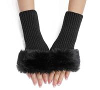 CABODYALS 2 paire de Gants en Fourrure Noire Sans Doigts pour L'Hiver Gants en Crochet avec Trou pour le Pouce Manchettes en Tricot Doux et Moelleux Mitaines en Fausse Fourrure pour Femme Écriture Pei