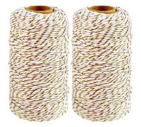 CABODYALS 2 rouleau de Ficelle de Coton Métallique Torsadée Blanche et Dorée de 200 m et 2mm pour Macramé Emballage Rond pour Loisirs Créatifs Mariage Noël Décoration de Fête Emballage Cadeau Jardinag