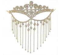 CABODYALS Masque de Mascarade en Strass Doré Voile de Visage à Franges et Diamants Chaîne à Cheveux Alliage Scintillant et Sexy Pompon en Cristal Masques Vénitiens pour Femmes Bijoux Fête Dansante Bal