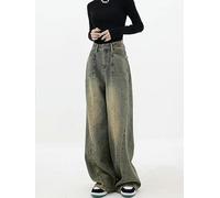 CABULE American Vintage High Street Taille Haute Jean Droit Pantalon Femme Décontracté Baggy Y2K Jambe Large Grunge Rétro Denim Pantalon-Bleu-S