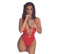 CABULE Deep V-Neck Bikini Femmes Maillot De Bain Halter Maillot De Bain String Sexy Maillot De Bain Une Pièce High Cut Maillots De Bain-Rouge,S