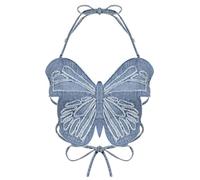 CABULE Y2K Papillon Jeans Crop Top Dos Nu Sangle Sexy Bleu Mignon Fête Sweats Femmes Plage Vacances Mini Gilet D'été Tee Mode Coréenne-Bleu,Taille Unique