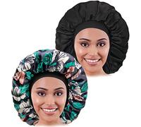 CACASO Raibaubl Lot de 2 grands bonnets en satin avec bande élastique douce, grand bonnet de sommeil pour femme pour tresses, cheveux longs naturels, cheveux bouclés, Motif noir et vert, taille unique