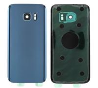 Cache batterie + double face + lentille compatible avec Samsung Galaxy S7 G930F G930 Remplacement verre arrière coque arrière arrière autocollant + lentille avec cadre (bleu)