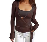 Cache-Coeur De Danse Femmes Uni Col V à Manches Longues Pilates Haut Coupe Ajustée Exercice Yoga Tops Ballet Bandage Cardigan Doux et Confortable Femme Sport Hauts pour Yoga, Pilates, Ballet