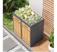 Cache Conteneur Double Gris Decor Bois, Abri Poubelle Exterieur FloraGrace, Terrasse Balcon, Bac A Plantes Integre, 132x80x124cm