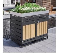 Cache conteneur extérieur double avec bac à plantes, portes à effet bois, métal noir, aération et serrure ORVRYN