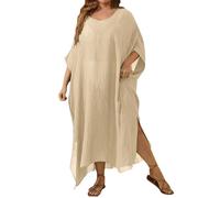 Cache Maillot De Bain Femme Plage Robe Longue Boheme Tunique Col en V Bretelles Chemise Transparente Tenue E Grande Taille Kimono Pareo Sexy Et Élégant Robes 2-Beige Taille Unique
