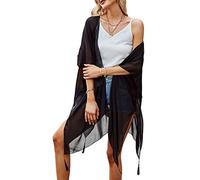 Cache-maillot de plage à pompons assortis pour femme, cardigan ouvert sur le devant, kimono ample à manches courtes, Noir , taille unique