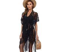 Cache Maillot Dentelle Frange Femme Plage Veste Kimono Plage Long Femme Cache-Maillots Bikini Swimsuit Cover Up Coverup Cardigan Plage Mousseline Cover Ups Grande Taille Chemisier Cache-Maillot Noir
