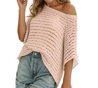 Cache-maillot d'été 2025 en crochet à manches 3/4 pour femme, pull décontracté en tricot ajouré, pour les vacances, la plage et les fêtes, rose, S