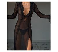 Cache-Maillots Cover Up Volants transparents col en V cravate plage longue robe été Sexy Bikini couvertures à manches longues haut fendu ourlet robe en maille Couverture De Bikini ( Color : Black , Si