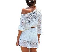 Cache Maillots Robe de Plage Femme Dentelle Crochet Été Bikini Couvrir Transparent Blouse Sarong Maillots de Bain Sexy Paréo Tunique Plage Beachwear pour Femme (Blanc, L)