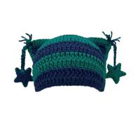 Cache-oreilles en laine à rayures pour adultes Motif chat étoilé, bleu clair, Taille unique