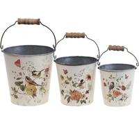 Cache-pots en métal vintage Set de seaux avec poignée en bois, déco romantique, motifs floraux et oiseaux, 3 tailles, crème multicolore