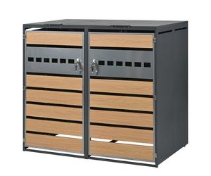 Cache-poubelle Extérieur Bois Gris 132x80x118.5cm, Couvercle Charnière, Verrouillable, 2 Portes, Rangement Déchets, Gris Et Bois