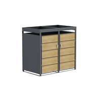 Cache Poubelle Extérieur Double en Métal et Bois, Anthracite et Chêne, Structure en Acier Galvanisé, 132 x 80 x 124 cm