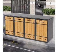 Cache-poubelles à 4 compartiments avec couvercle rabattable et porte avant - Résistant aux intempéries - En métal - Pour 4 poubelles de 120 à 240 litres - Avec aspect bois et ventilation - Avec