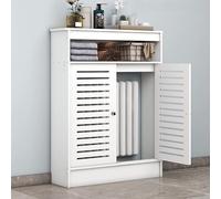Cache-radiateur à persiennes - Rangement décoratif blanc avec 2 portes - Armoire de sol pour salle de bain et salon - Organiseur de couverture chauffante (L x H x P) : 23,6 x 35,4 x 7,8 cm