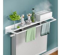 Cache-radiateur avec tringle à serviette, étagère de 14 cm de profondeur, sans perçage, étagères flottantes en alliage d'aluminium avec support facile à installer, finition blanche