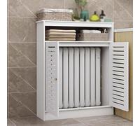 Cache-radiateur blanc moderne - Armoire chauffante décorative avec 2 portes, grille à persiennes et lattes verticales - Rangement élégant pour couloir, convient pour 50 x 90 x 20 cm (L x H x P)