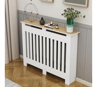 Cache-radiateur moderne - Armoire chauffante à lattes verticales blanches, étagère murale décorative pour salon, élégante 100 x 90 x 25 cm, solution de décoration d'intérieur