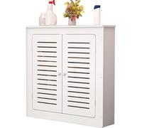 Cache-radiateur moderne blanc avec étagère de rangement, 2 portes et lattes verticales, armoire chauffante élégante pour salle de bain, salon, décoration d'intérieur