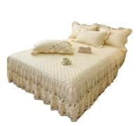 Cache Sommier Couvre-lit à Volants en Dentelle de Velours Jacquard, Jaune doré, Beige, Rose, Jupe lit brodée matelassée, Housse Matelas(Beige,150X200cm 3pcs)