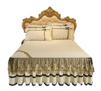 Cache Sommier Literie brodée en Dentelle de Velours Cristal Beige, Couvre-lit, taies d'oreiller, Housse Matelas matelassée, Douce, Textile Maison(Color-12,3pcs 180x220cm)