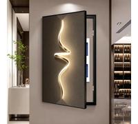 Cache tableau électrique décoratif, Décoration murale verticale minimaliste | Panneau cristal avec cadre aluminium noir, installation pour coffret électrique et incendie(Left Flip,23.6*31.5in,A)