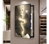 Cache tableau électrique décoratif, Décoration murale verticale minimaliste | Panneau cristal avec cadre aluminium noir, installation pour coffret électrique et incendie(Left Flip,27.6*55.1in,D)