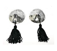 Cache tétons burlesque argenté avec pompons noir