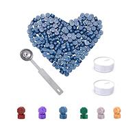 Cachet De Cire Kit, 200 Pcs Perle de Cire avec 2 Bougies à Thé et 1 Cuillère à Fusion de Cire Pièce, Cachet de Cire Rétro pour Le Cachetage de Timbres, Enveloppes, Lettres,Invitations de Mariage(Bleu)