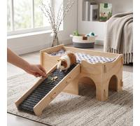Cachette en Bois pour Cochon d'Inde, Maison pour Petits Animaux en Bois de Pin avec Coussin Doux et Escaliers Rembourrés, Plusieurs Grottes, 15 X 9,3 X 7 Pouces,