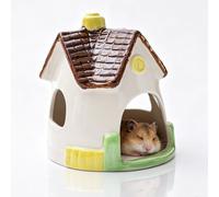 Cachette Rustique Forme Chalet Ferme en Céramique for Hamster, Lit Frais, Grotte for Petits Animaux, Abri Anti-basculement for Hamster Nain, Gerbille, Petit Reptile(Jaune)