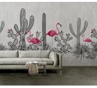 Cactus De Flamant Rose Dessiné À La Main Papier Peint 3D Soie De Luxe Intissé Bureau Salle à Manger Canapé Chambre Salon TV Mural Décoratif-300cm×210cm