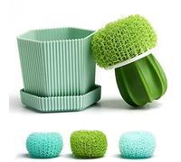 Cactus Mini brosse à vaisselle avec plateau d'égouttement (3 brosses de rechange), brosses de nettoyage de cuisine durables pour assiettes, poêles, casseroles, évier (vert)