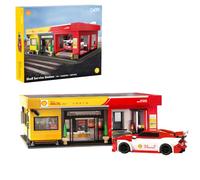 CaDA Station service Shell avec voiture - 1697 pièces modèle brique kit | Construction sous licence officielle Shell avec voiture incluse